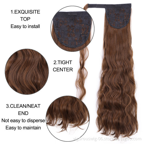 Vigorous 24 Inch Long Wavy Ponytail Extensions Synthetic Mixed Brown Wrap Around Ponytail Clip in on Hairpiece for Women Party